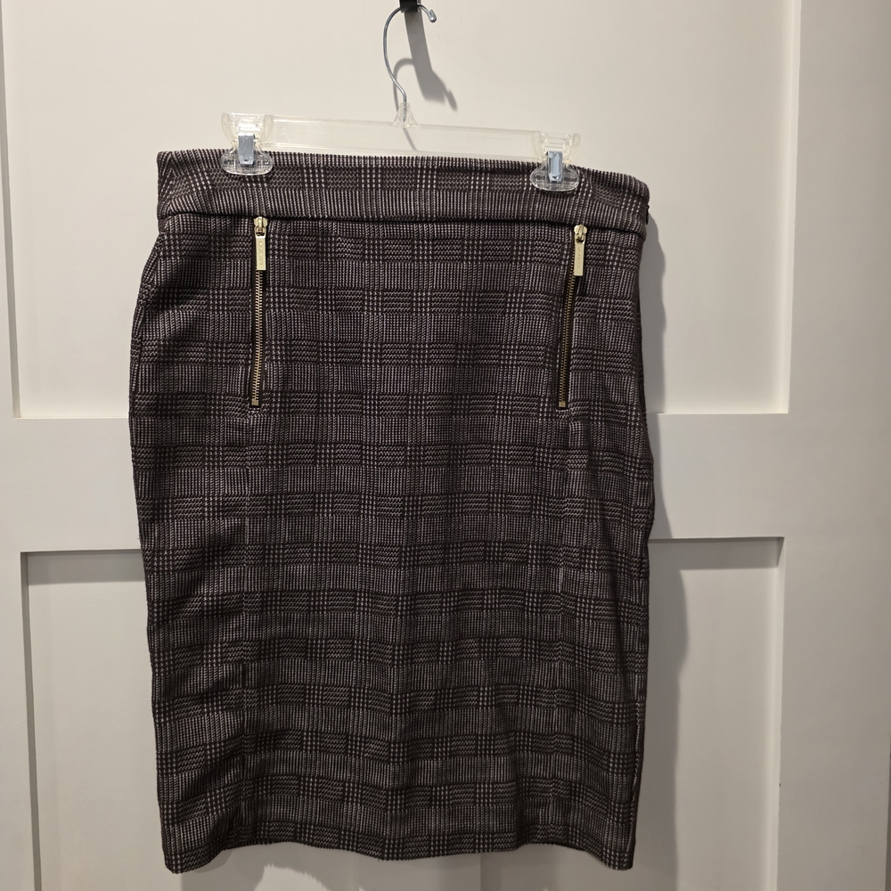 Michael Kors Women's Pencil Skirt Gold Zippers Brown Plaid M Preppy Academia